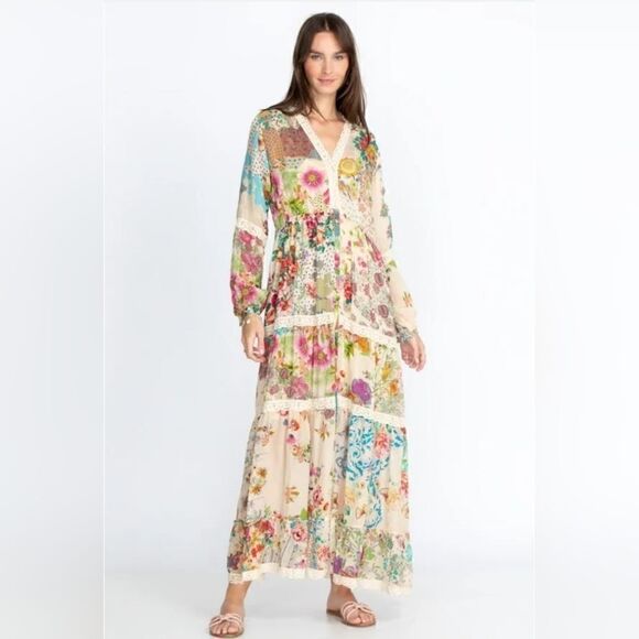 Johnny Was "Milana" Tiered Floral-print Maxi Dress/Duster with Lace Trim | L - Picture 4 of 15